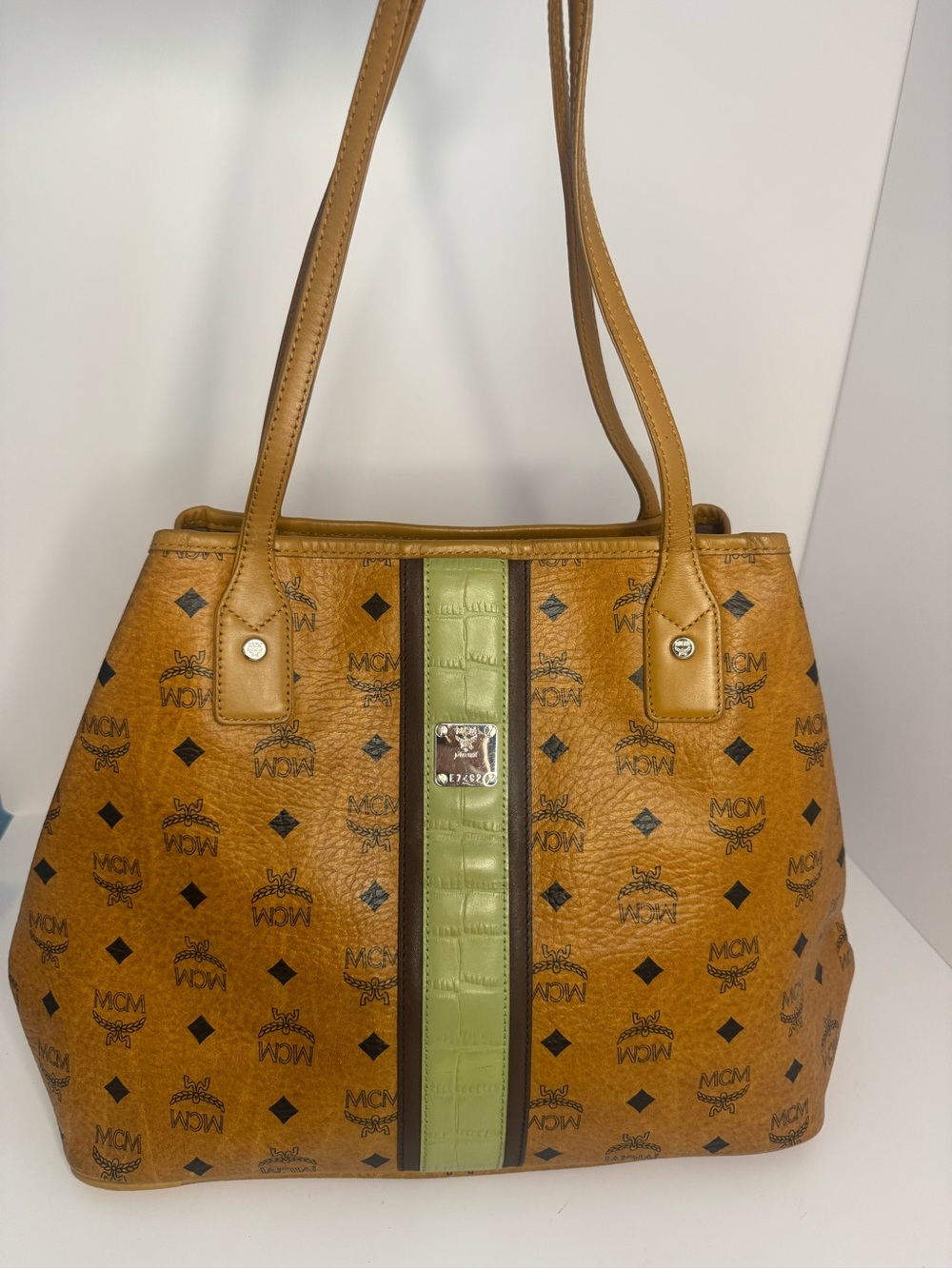 #434 MCM Liz Shopper Tote Cognac Visetos w/ Green Croc Stripe